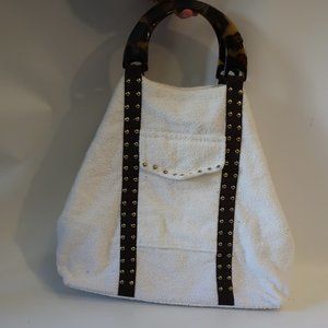 Womens Shay Todd White Brown Gold Studded Terry Cloth Tote Shoulder Handbag *